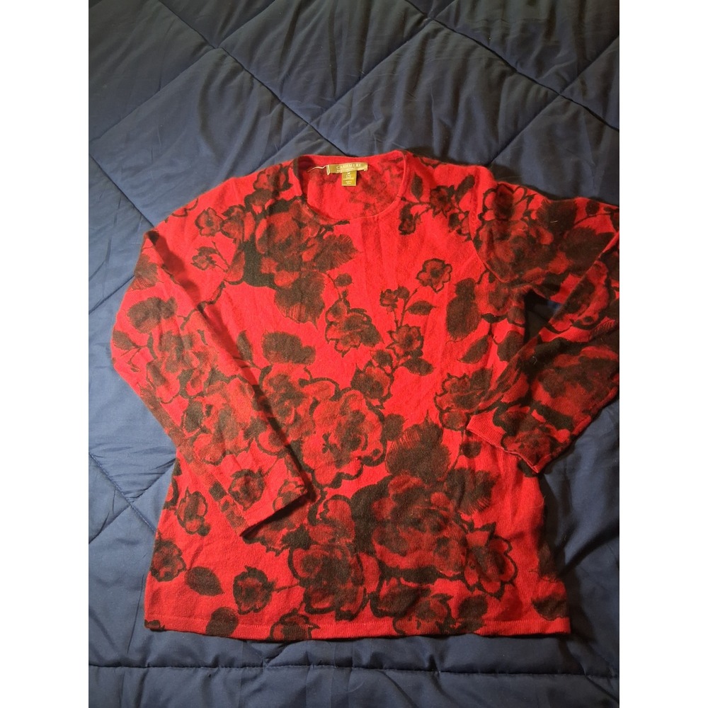 Charter Club Cashmere Sweater Womens Medium Red Black Floral Rose 2-Ply Pullover